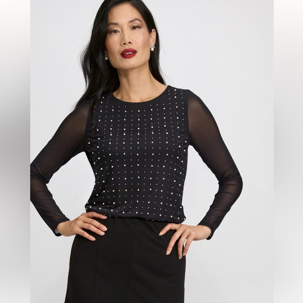 Laura Pearl Embellished Mesh Top Black 101925